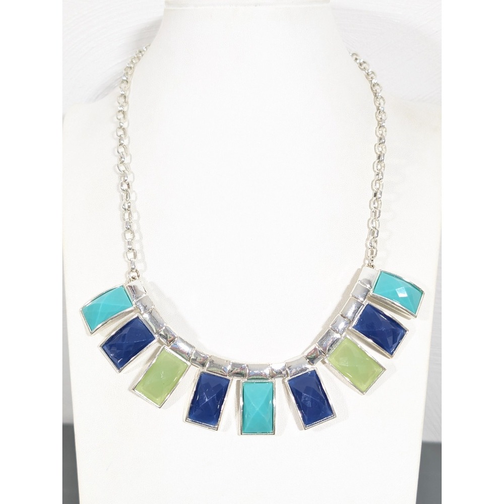 Liz Claiborne Statement Necklace Faceted Panels‎ Blue Green Silver Tone 19"